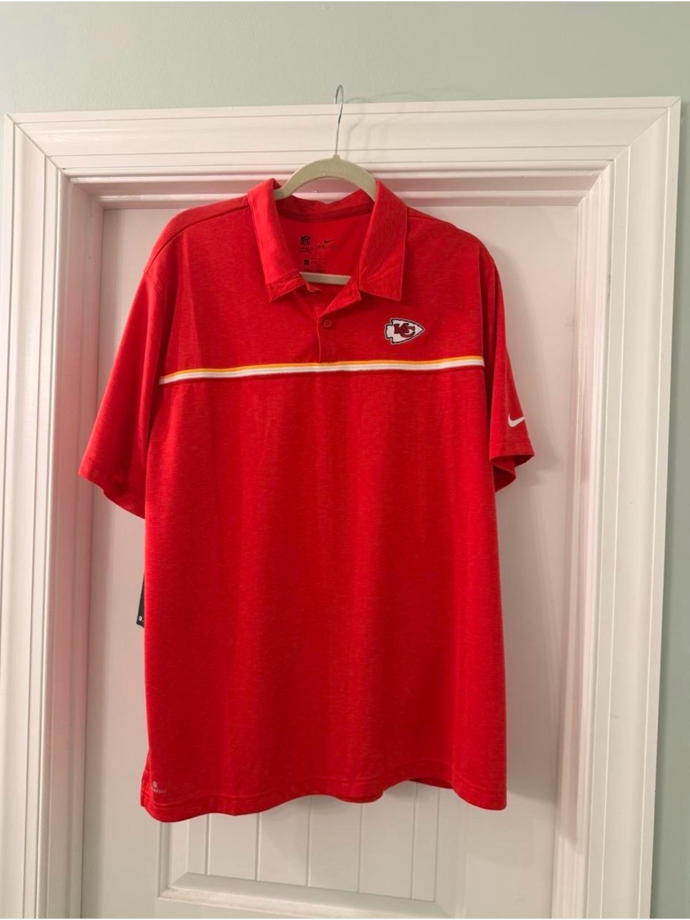 Nike Red Kansas City Chiefs Polo with Yellow-Trim Stripe and Team Patch